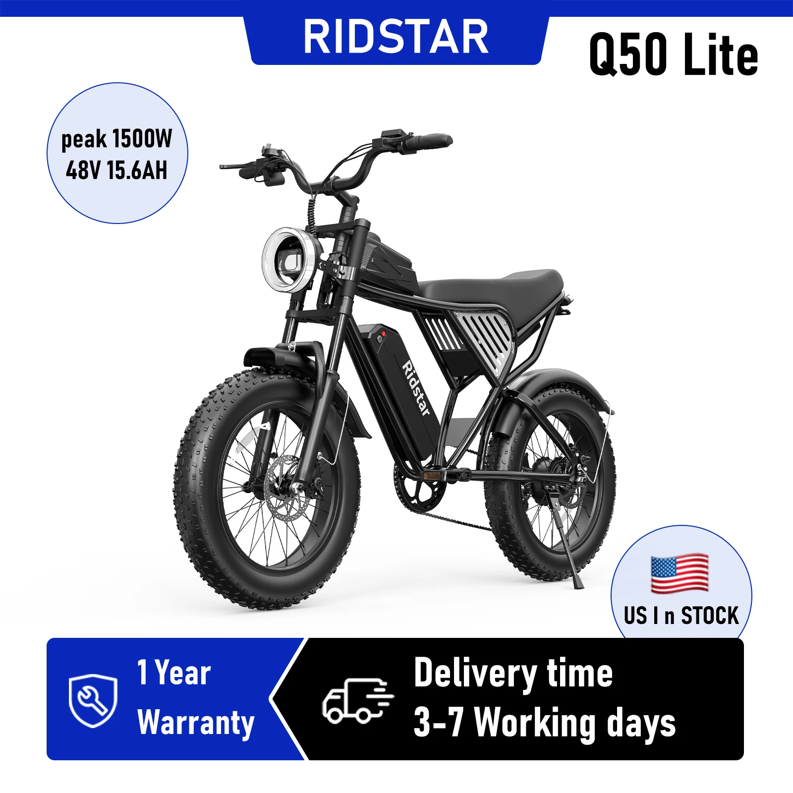 Ridstar Q50LITE 1500W Electric Bike for Adults Max 31MPH Battery 48V 15.6AH E-Bike Electric Bicycle 20x4