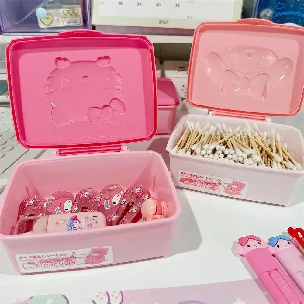 Kawaii Sanrio Tabletop Cotton Swab Cotton Storage Box Hello Kitty Anime My Melody Cute Girl Sweet Cotton Jewelry Box Girl Gift