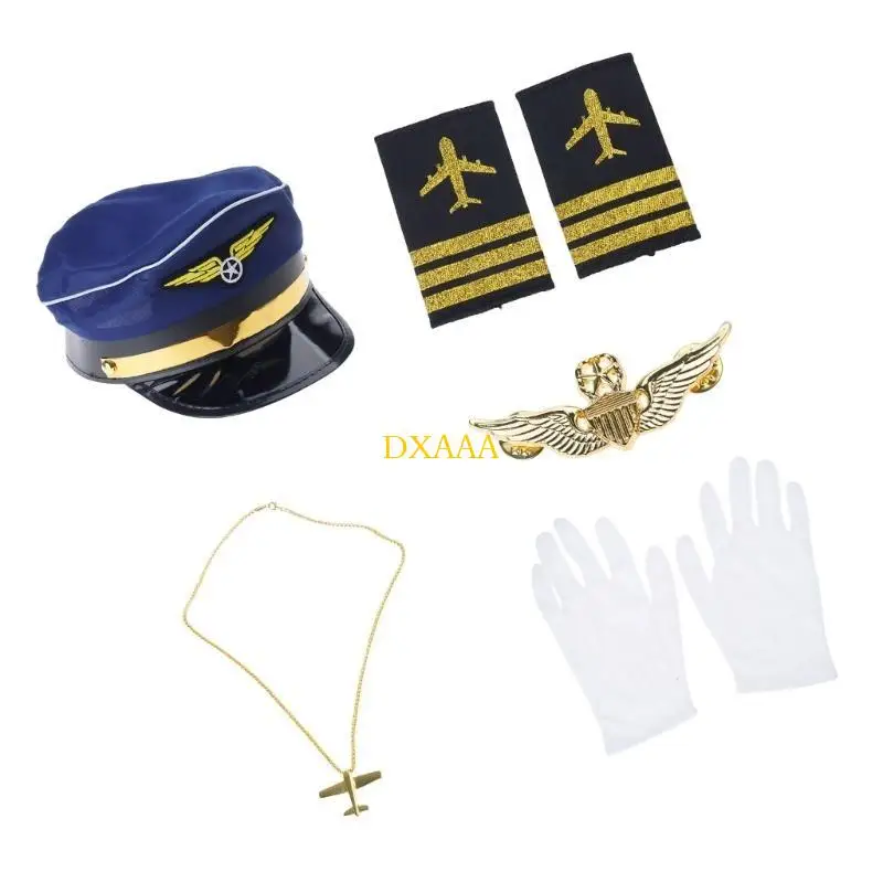 Dxaa fantasia comissário bordo, roupas capitão, chapéu, uniforme, dragonas, gravata, luvas, aeromoça, acessórios