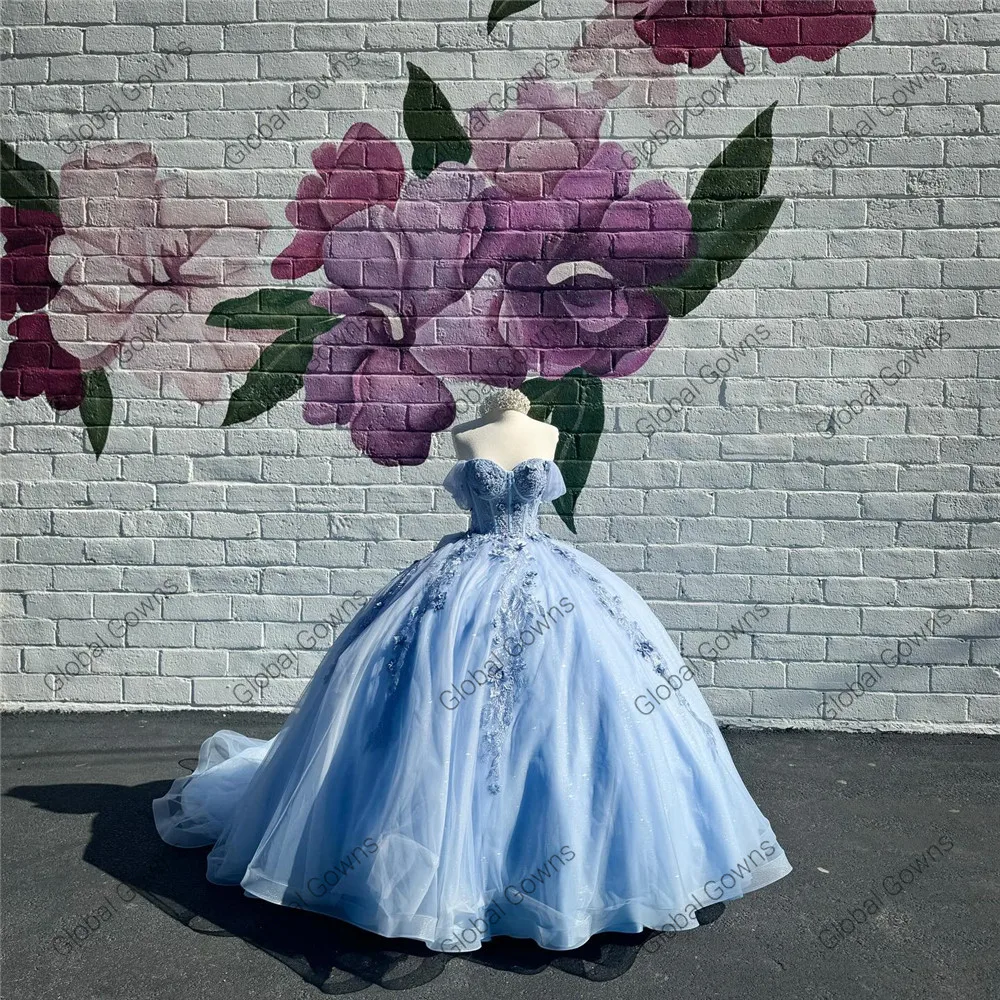 Mexico Blue Off Shoulder Ball Gown Quinceanera Dress For Girls Beaded Appliques Birthday Party Gowns Prom Sweet 16 Customized