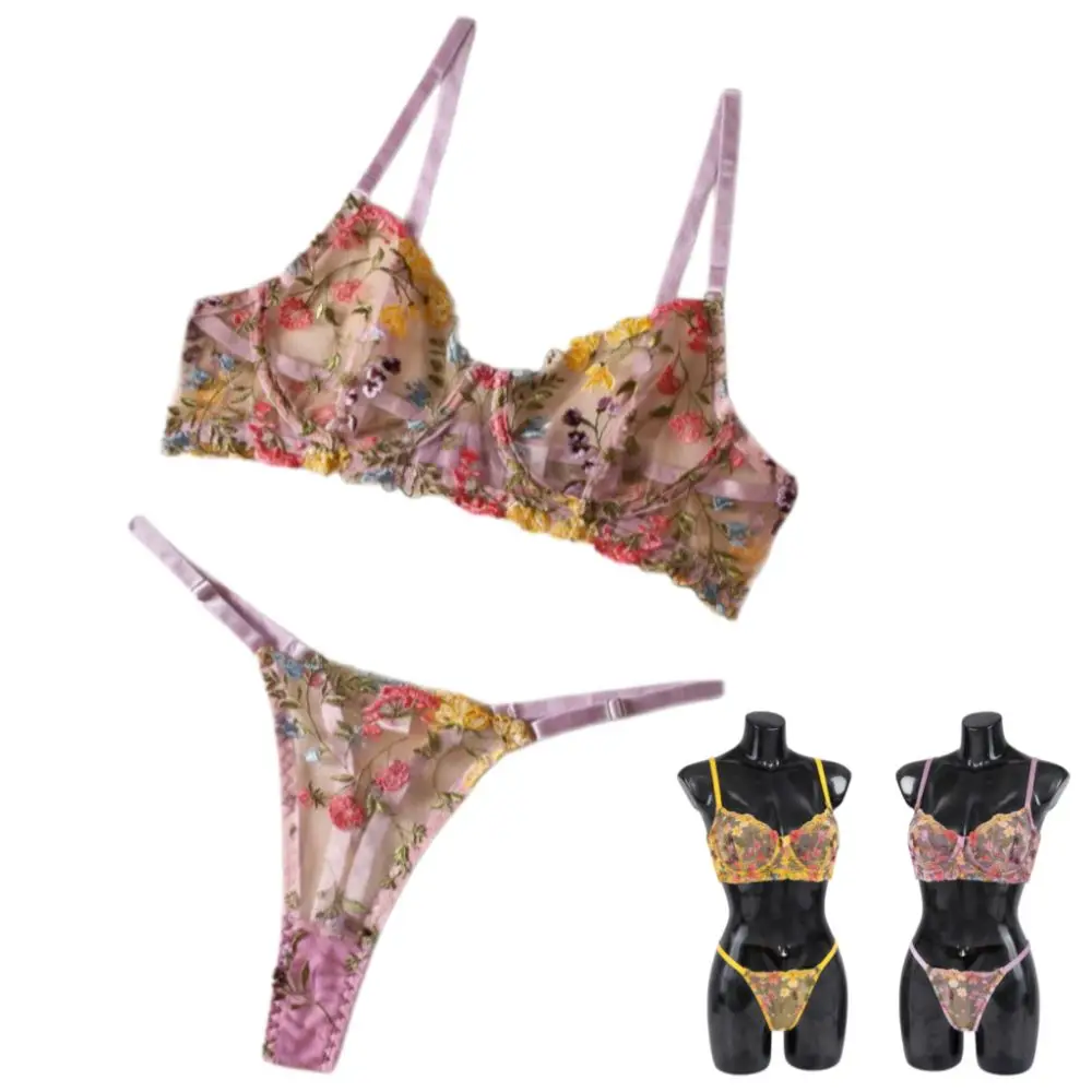 2-Piece Fashion Floral Lingerie Set Embroidery Versatile Underwear Intimates Underwire Push-up Sheer Bra Panty Set For Lady Girl