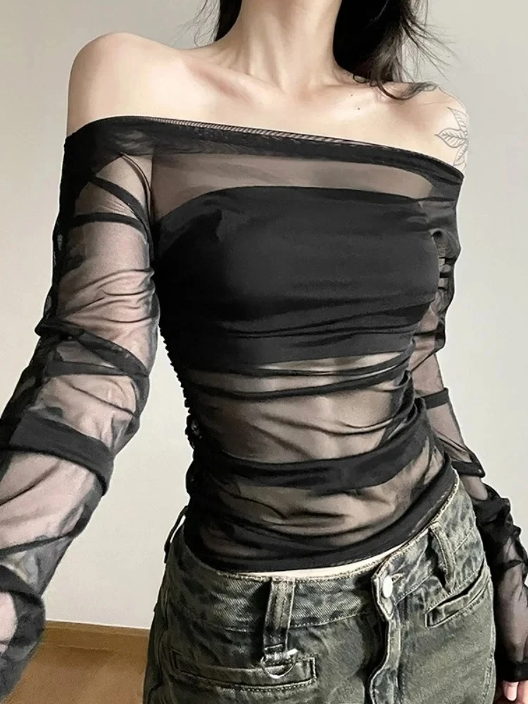 تي شيرت شبكي شفاف ملابس نسائية مكشوفة الأكتاف Y2k بلوزة قصيرة بأكمام طويلة ملابس خروج متينة Camisetas كورية Ropa De Mujer #1