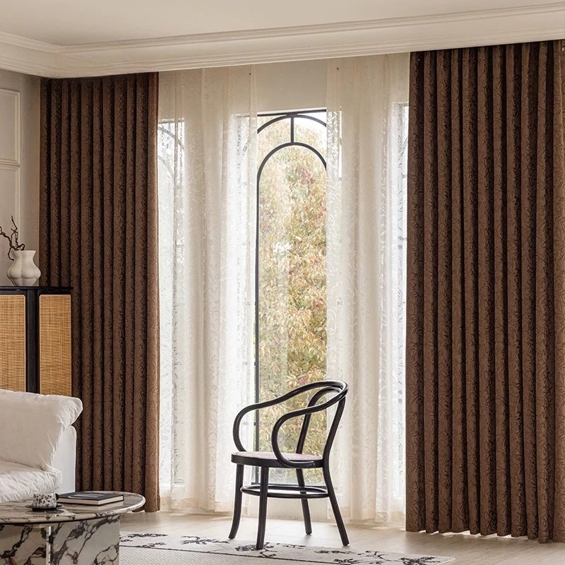 French Vintage Chenille Rose Jacquard Maillard Blackout Curtain Fabric Mid-century Style Living Room Bedroom Study