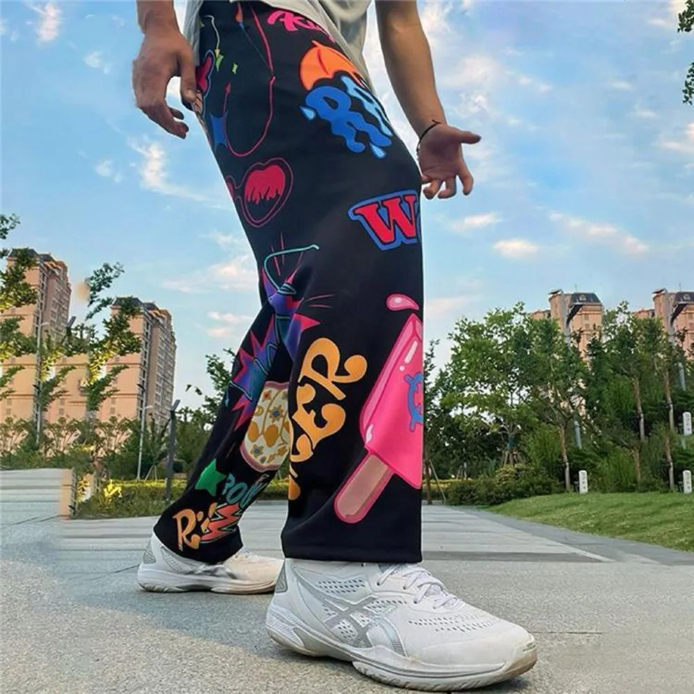 Mens Pants Y2K Comic Pop Print Trousers Colorful Graphics Streetwear Fun Youthful Style Casual Unisex Baggy Pants Men\'s Clothing