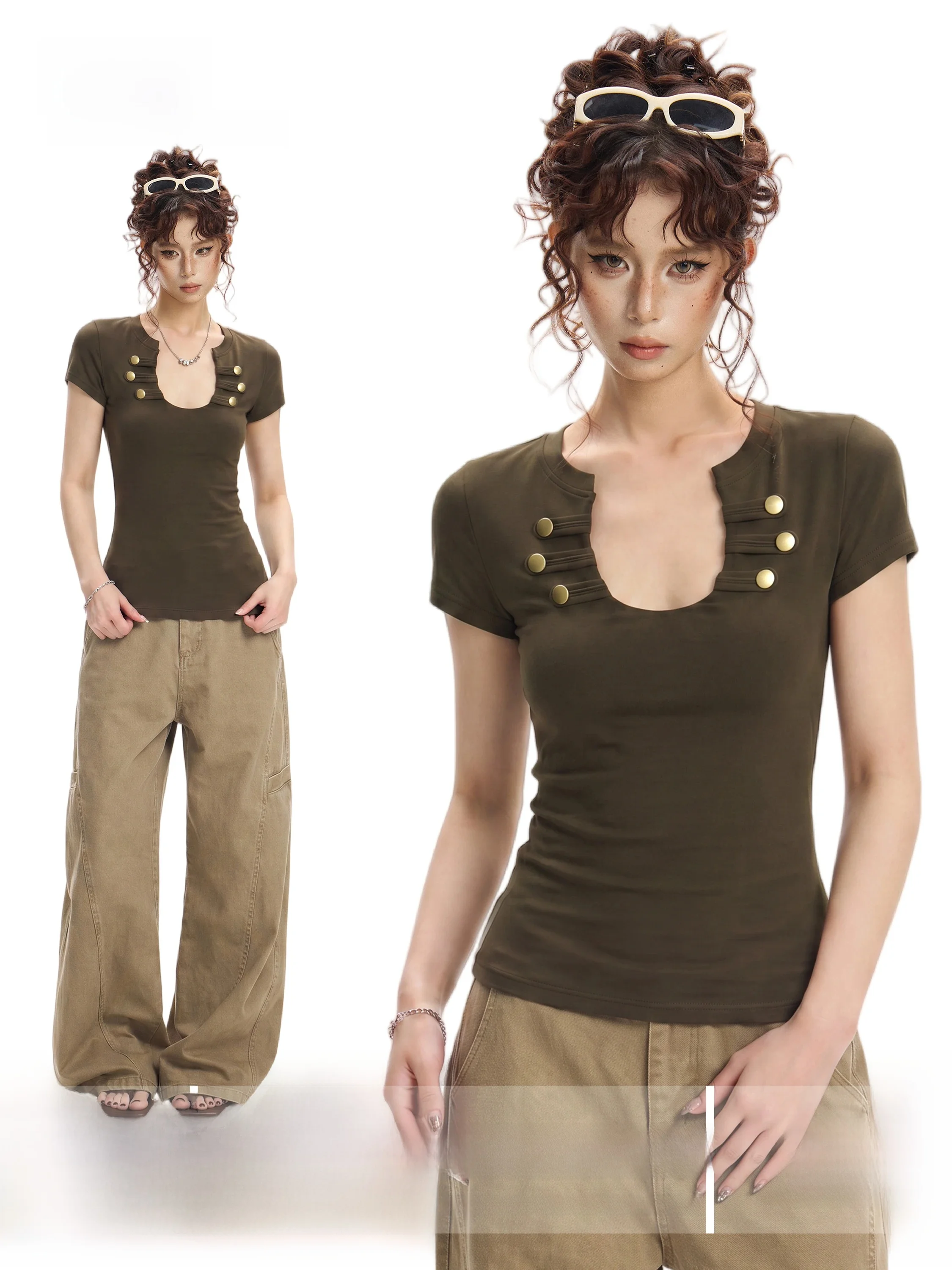 American Style Short Sleeve U-Neck Retro Green T-Shirt Women's Summer Slimming Top Shoulder Width Regular Length Basic Style