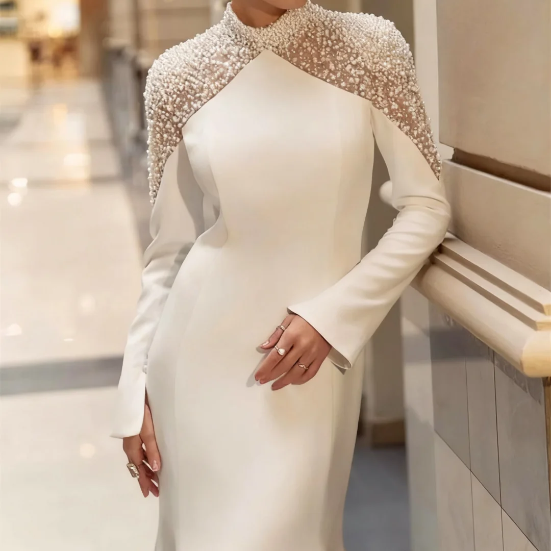 

High Neck Full Sleeves Formal Office Lady Wedding Coat Jacket Pearls White Women Suit Blazer Prom Dress Customized