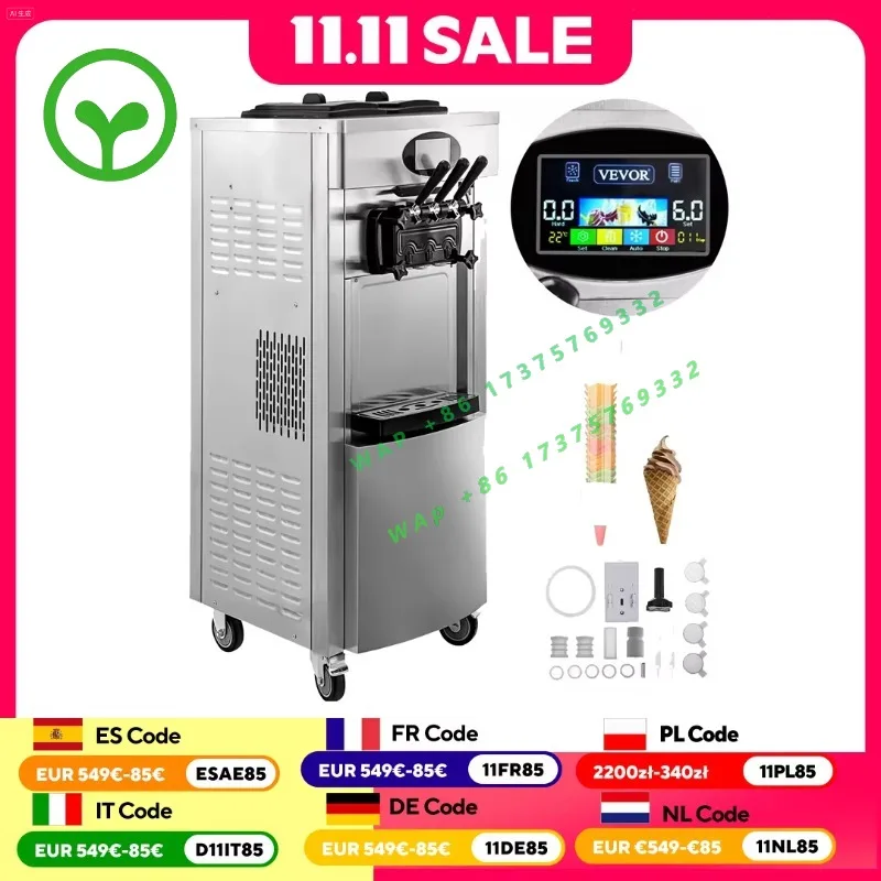 【Premium】  Commercial Soft Serve Ice Cream  hine - 6L Dual Hoppers, 3 Flavors, 2200W Compressor, LCD Control for Bars, Catering