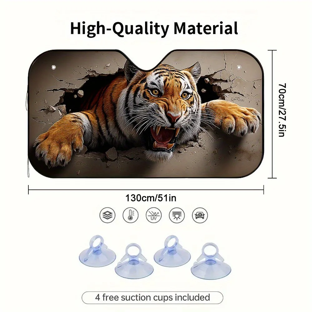One-Piece 2D Flat Tiger Design Sunshade For – Fashionable And Collapsible, Maintains A Cool Temperature Inside Your Vehicle, Fea