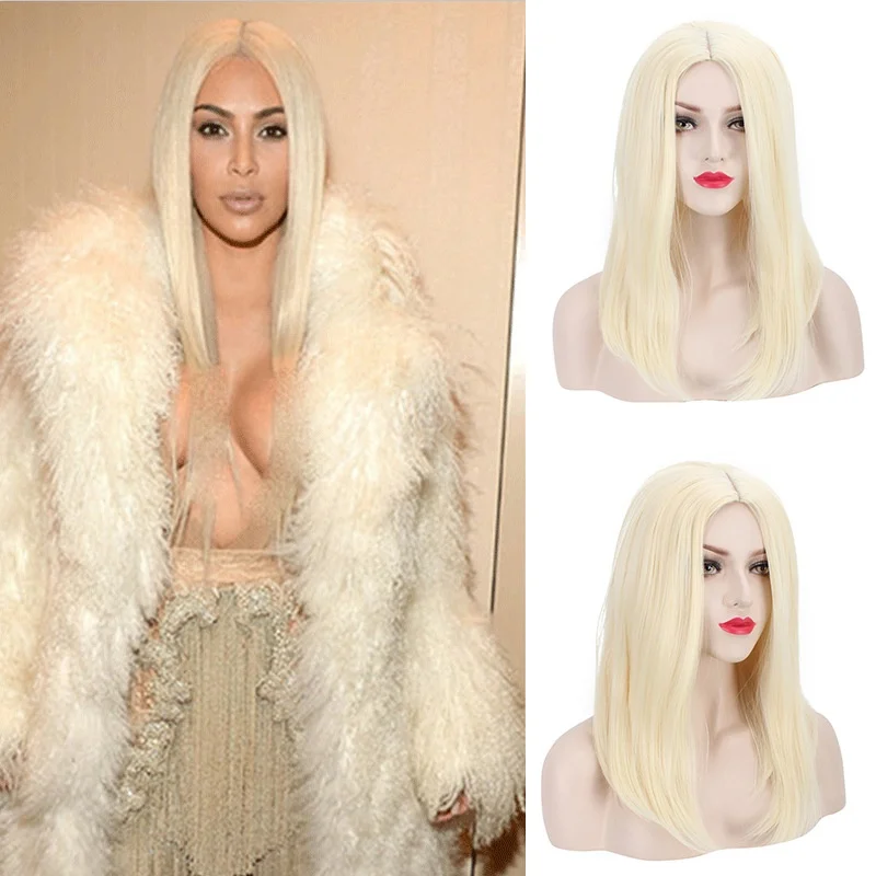 

Mid split straight hair in beige, fake hairpin, same style as Dyson, linen white gold, natural Synthetic fiber wig
