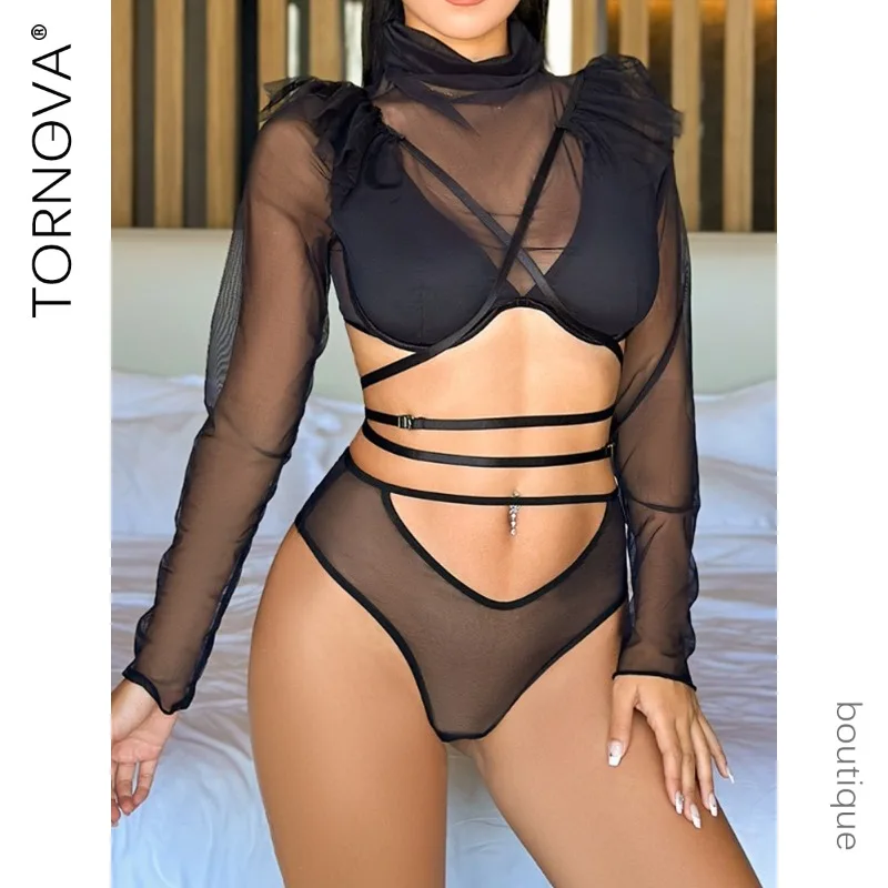 

Tornova Sexy Lingerie Suit for Women Solid Color Mesh See-through Turtleneck Long-sleeved Sexy Lingerie High Waist Sexy Lingerie
