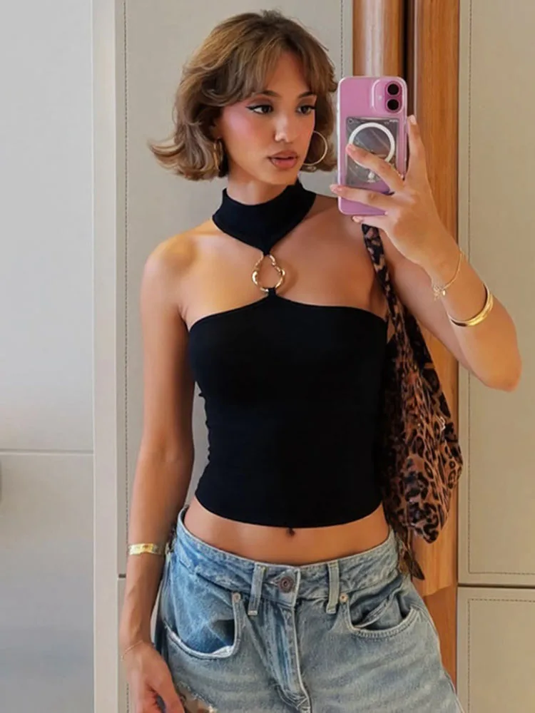 Metal Buckle Decoration Tank Tops Women Turtleneck Off Shoulder Skinny Stretch Street Fashion Wild Style Solid Outfits