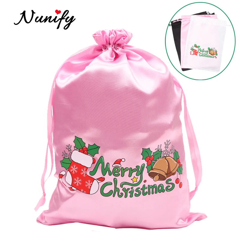 

Custom Satin Wig Bag With Christmas Stocking 1Pcs Hair Extension Packaging Bags Pink White Black Silk Drawstring Wig Bag 25x35cm