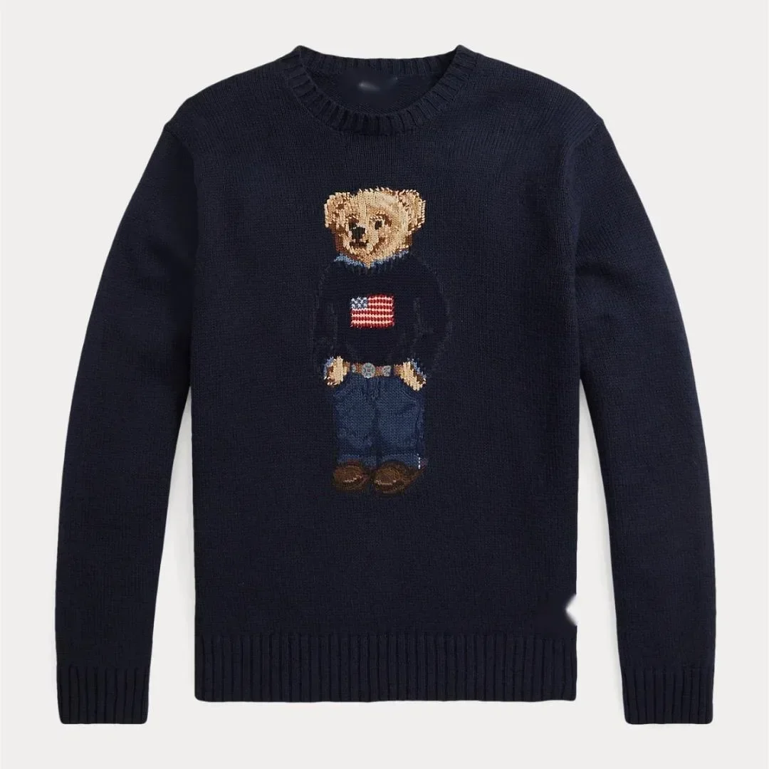 Autumn/winter New Classic Embroidery National Flag Bear Cub Round Neck Casual Commuting Versatile Knitted Top Small Horse