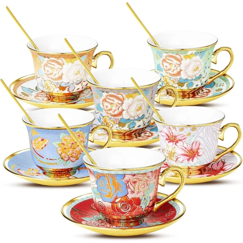 Tea Cups and Saucers Sets of 6, 8 Oz Floral Tea Cups with Spoons Ceramic Cup and Saucer Set for Cappuccino,