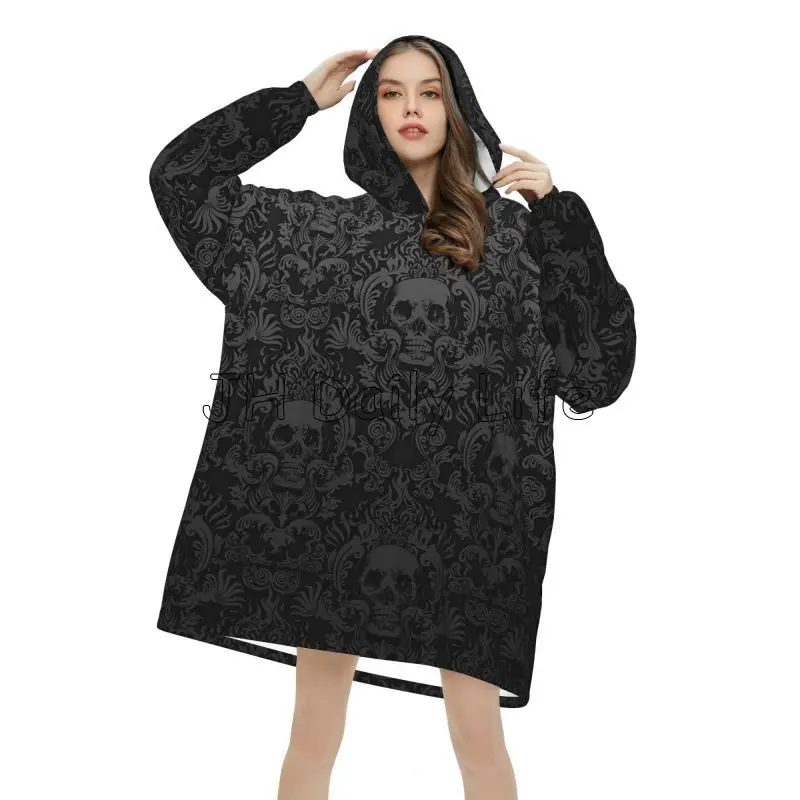 Goth Gothic Black Skull Damask Wearable Blanket Hoodie Sherpa Oversized Pullover Sweatshirt Flannel Fleece Blanket with Pockets