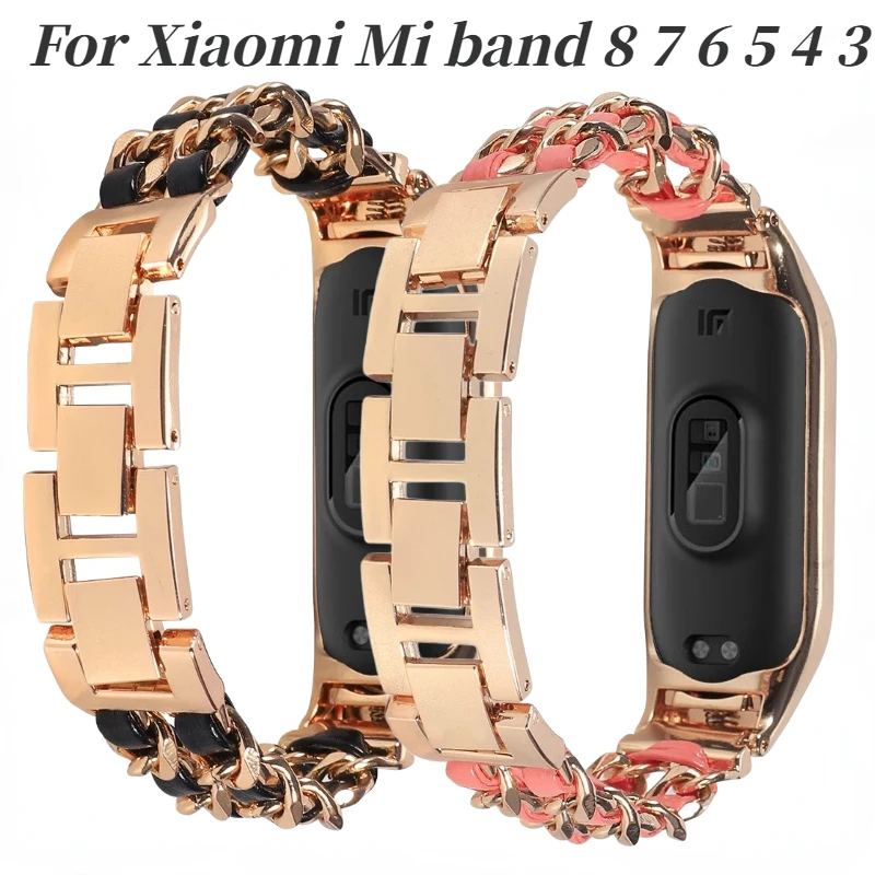 Metal+Leather Strap for Xiaomi Mi Band 8 7 6 5 4 3 Smartwatch Bracelet Miband 8 Wristband for Xiaommi Mi Band 7 Belt Accessories