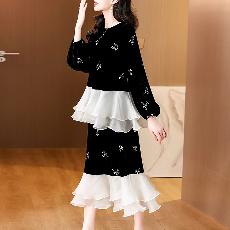 2024 Women Korean Elegant Luxury Two Piece Sets Autumn Winter Black Velvet Patchwork Mesh Top Coat+Half Length Skirt Kawaii Suit