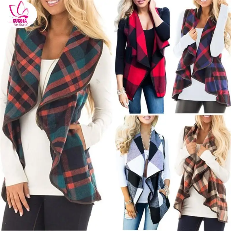 

Autumn Spring Office Ladies Vest Sleeveless Turn Down Neck Open Front Jacket Check Plaid Cardigan Casual Women Long Waistcoat