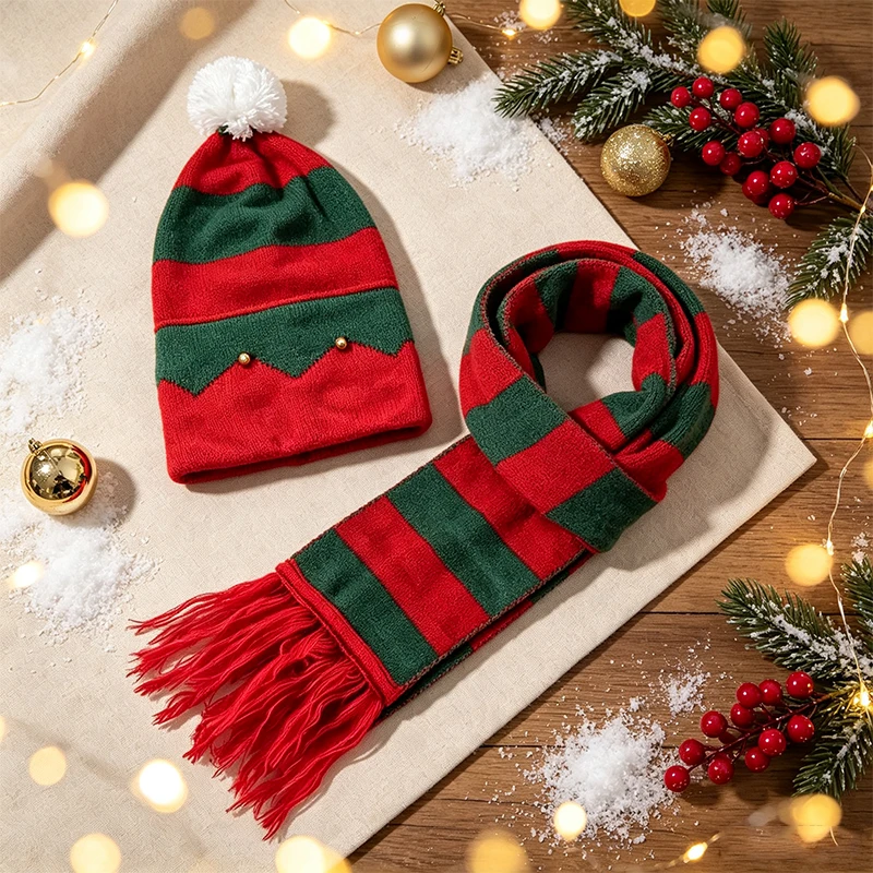 Christmas Elf Knitted Hat Scarf Set Red Green Striped Xmas Beanie with Pom Pom Bells Warm Winter Holiday Costume Cap for Women