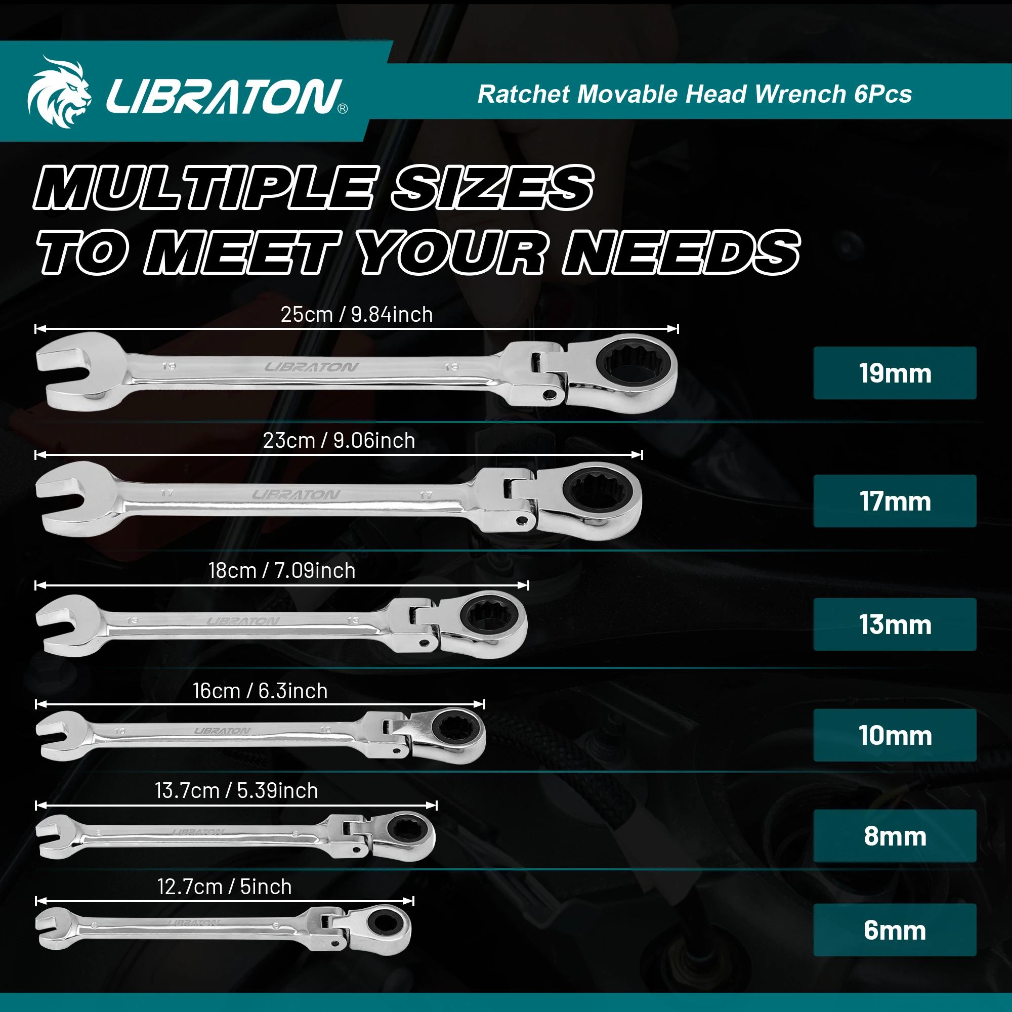 LIBRATON 1pc or 6pcs Ratcheting Wrench Set 6-19mm Ratchet Spanner Wrench Set Universal Spanners with Flex-head for Bike Repair