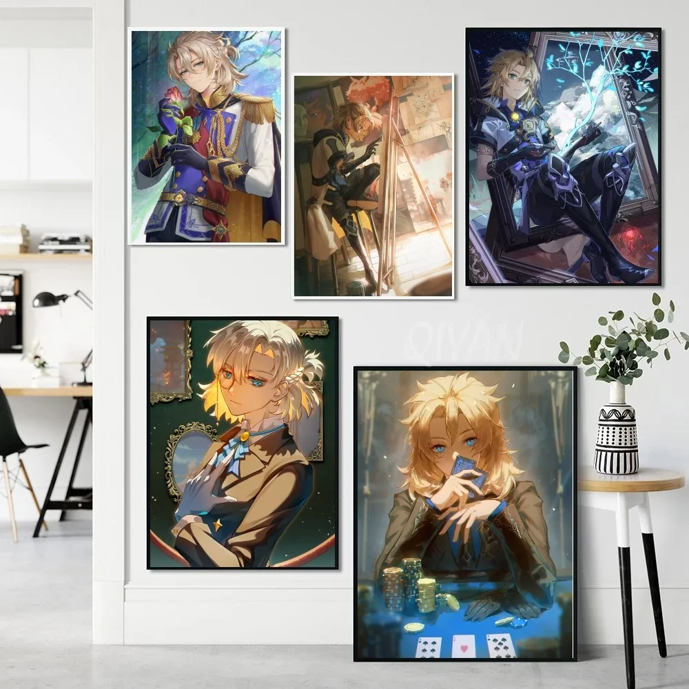 Game Genshin Impact Accounts Albedo Poster Self-adhesive Art Waterproof Paper Sticker Coffee House Bar Room Wall Decor