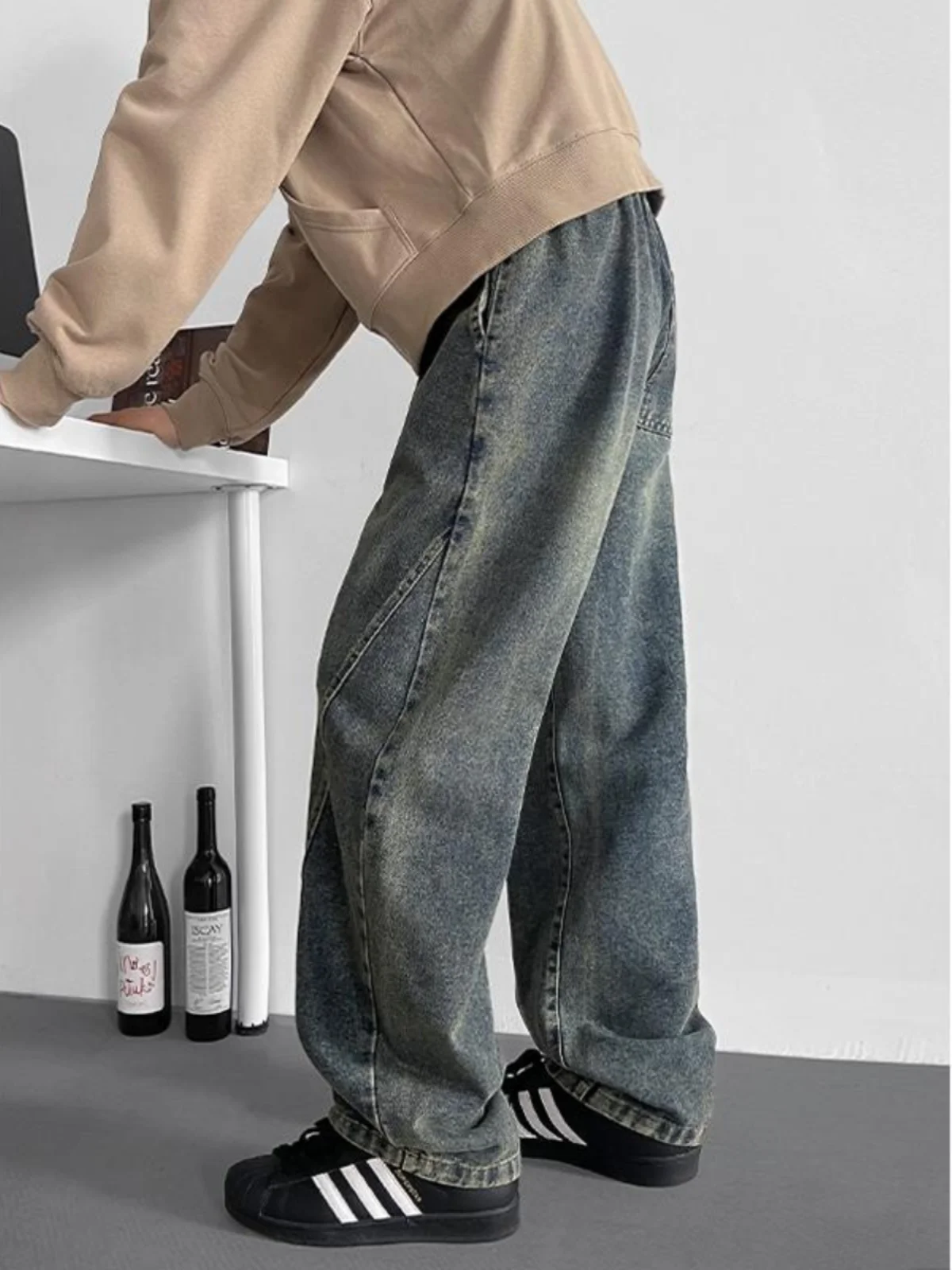 

Мужские свободные джинсы прямого кроя, весенние, в американском уличном стиле, повседневные брюки с косым кроем, на эластичной талии, широкие, из хлопка