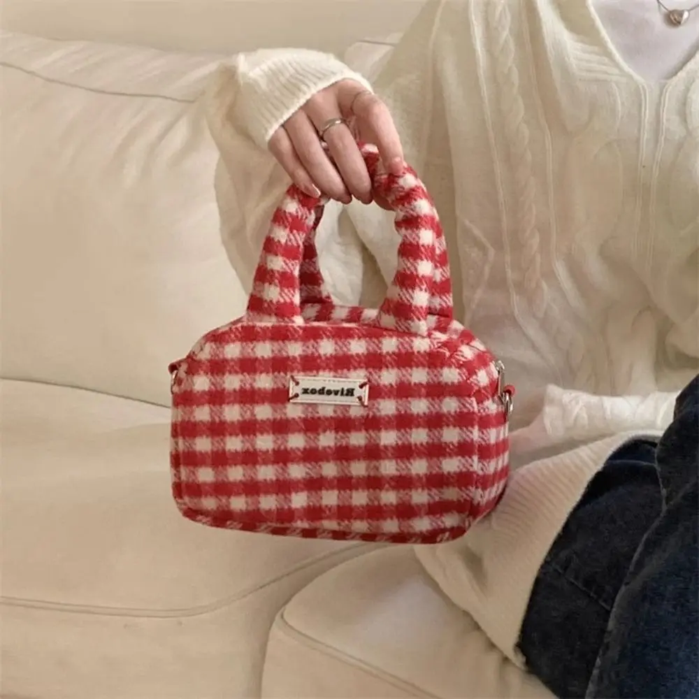 Korean Style Red Plaid Crossbody Bag Sweet Handbag Cute Small Bag Christmas Plush Bag All-match Handbag For Women