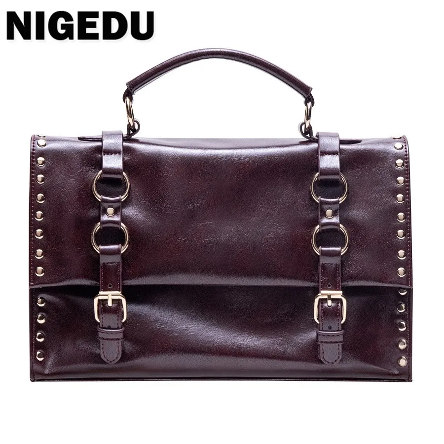 Vintage Rivets woman handbag Soft oil wax skin female Shoulder messenger bags Brand design ladies big Totes Briefcase bolsas