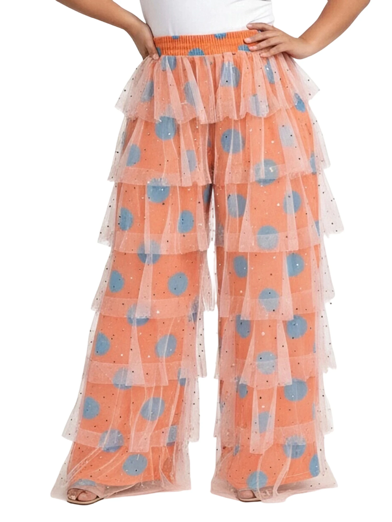 

Женские широкие брюки больших размеров с высокой талией, в горошек, с многослойными сетчатыми вставками и широкими штанинами