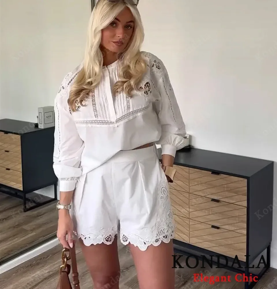 KONDALA Damen-Set, elegant, bestickt, weiße Shorts, O-Ausschnitt, lockeres Hemd, Spitzen-Shorts, 2022, Sommermode, High-Street-Shorts-Set