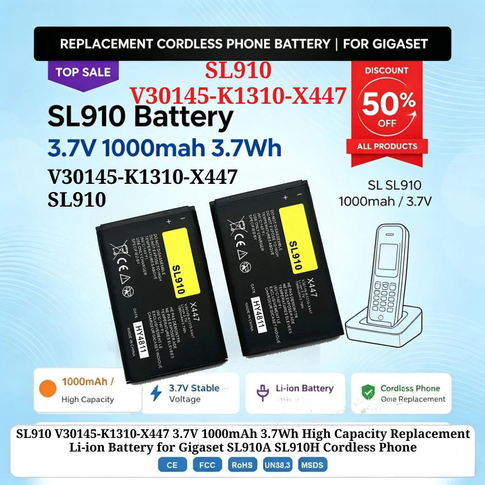 SL910 V30145-K1310-X447 3.7V 1000mAh 3.7Wh High Capacity Replacement Li-ion Battery for Gigaset SL910A SL910H Cordless Phone