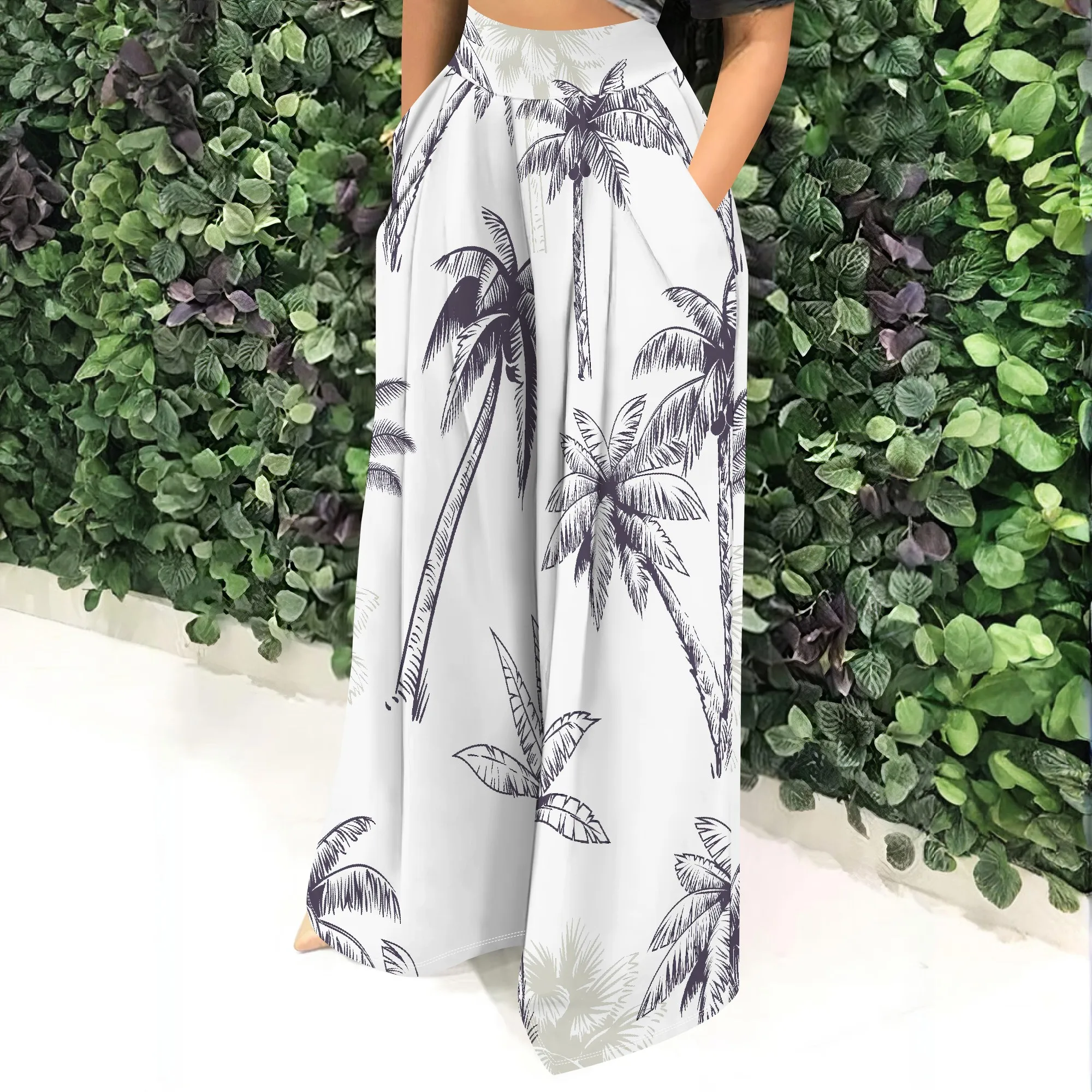 High Waist, Wide Leg Pants, Palm Tree Print, Tropical Trousers, Summer Beachwear, Vacation Style, Pockets, S-2XL