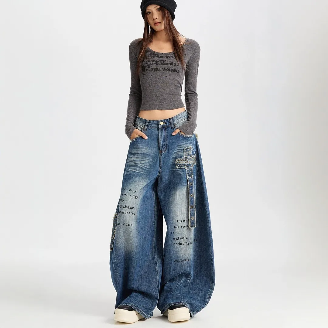 Women's Loose Wide Leg Jeans, Distressed Denim Pants, American Style, Slim Fit, Long Trousers, New Fashion, Autumn, Y2k