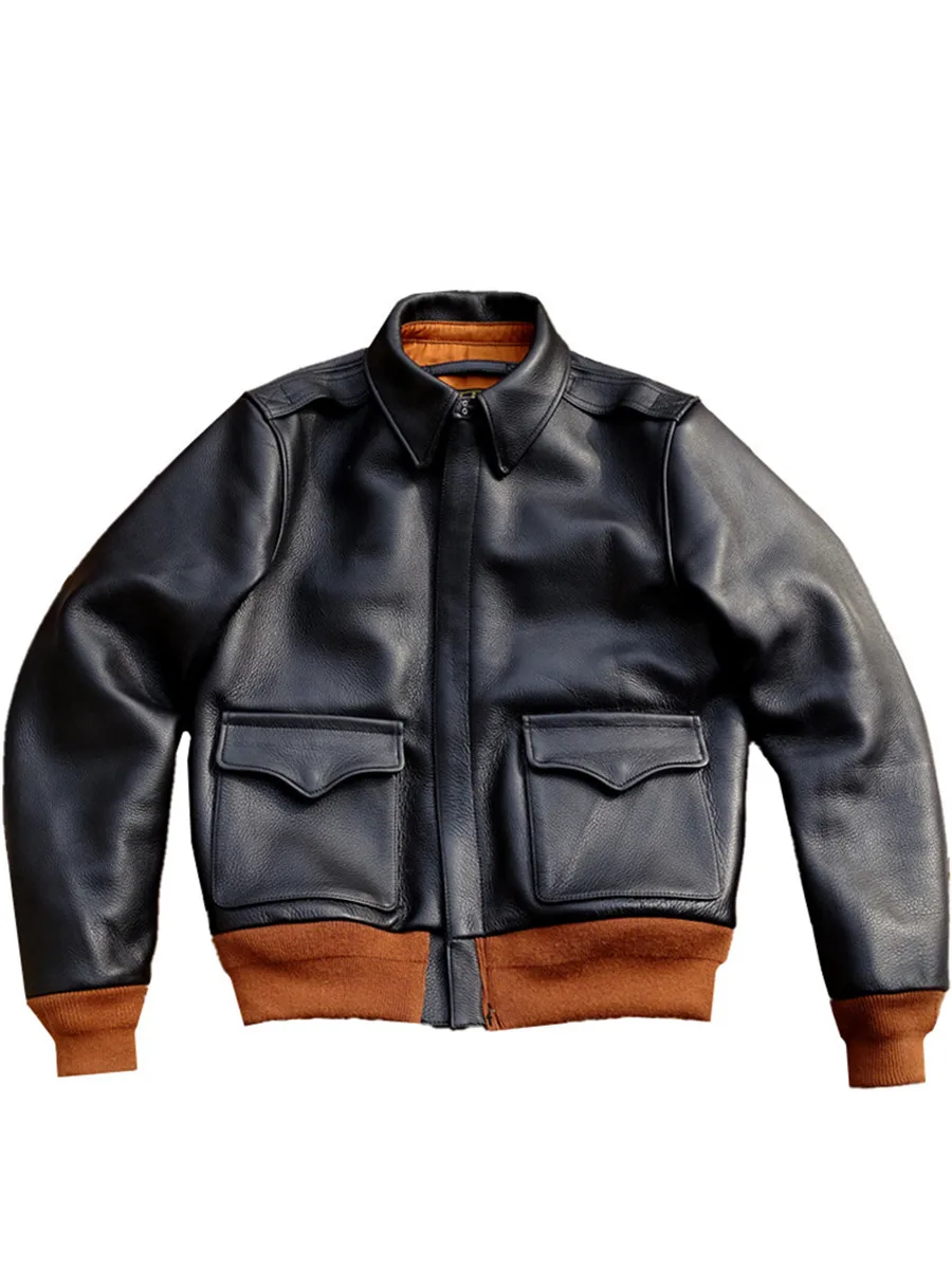 Men's A2 Bomber Jacket, Black Cowhide, Military Style Coat