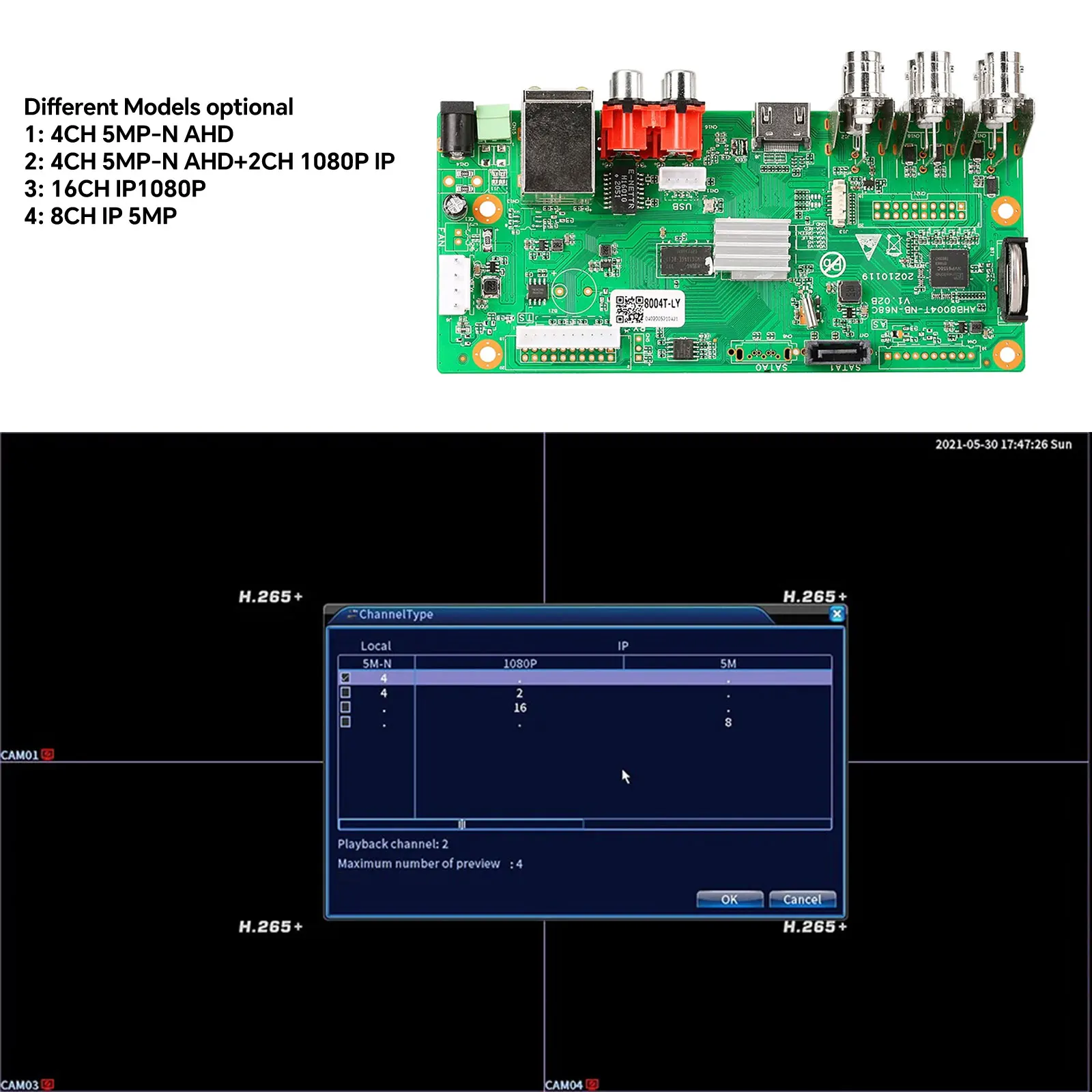 5MP-N Ahd Dvr 4 Channel Face Recognition 4ch Dvr Board Monitor Cctv System Xvr Hvr Recorder for Video Surveillance Xmeye P2p vms