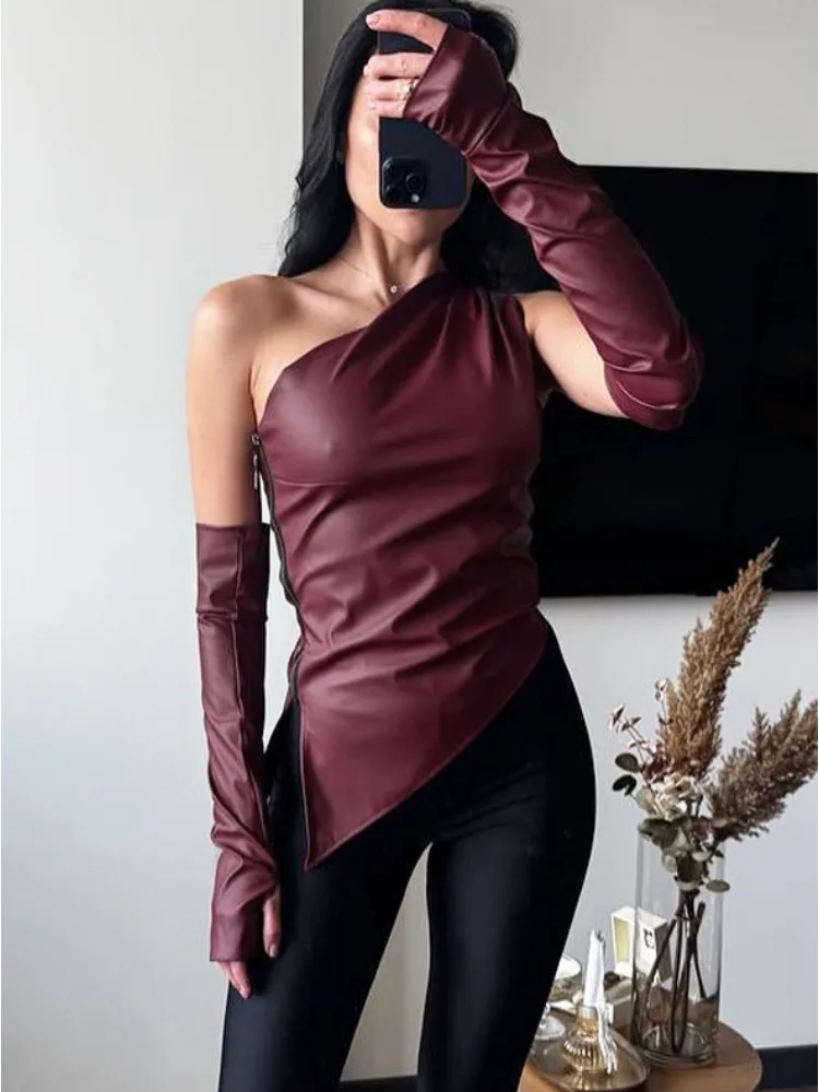 

Ticketsx PU Leather Off Shoulder Top Women Fashion New Zipper Split One Shoulder Gloves Slim Top Elegant Clubwear Streetwear Top