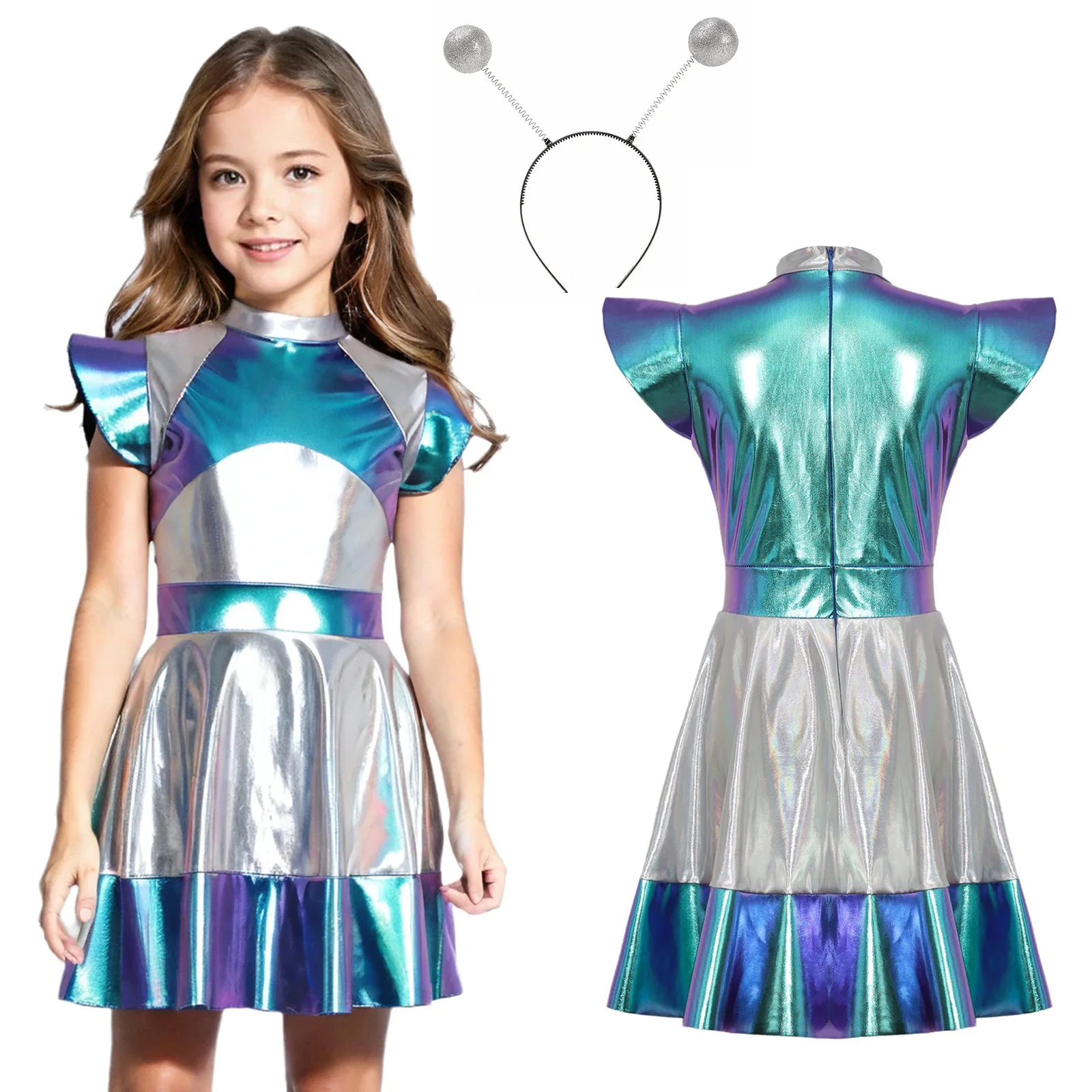 

Girl Shiny Alien Outerspace Halloween Cosplay Costume Fling Sleeve Gradients A Line Tutu Dance Dress Headband World Party