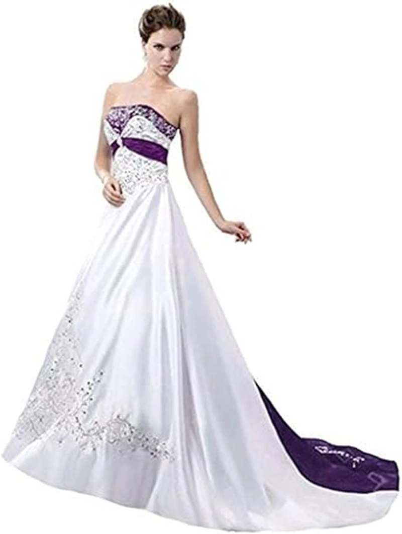 Strapless Embroidery Wedding Dress Ivory And Purple Satin A Line Sleeveless Bridal Gown Plus Size Vestido De Novia Customized