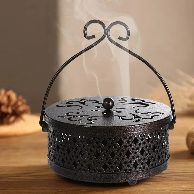 

Retro Portable Iron Mosquito Coil Holder with Handle Round Fireproof Incense Holder Portable Incense Burner Metal Incense Holder