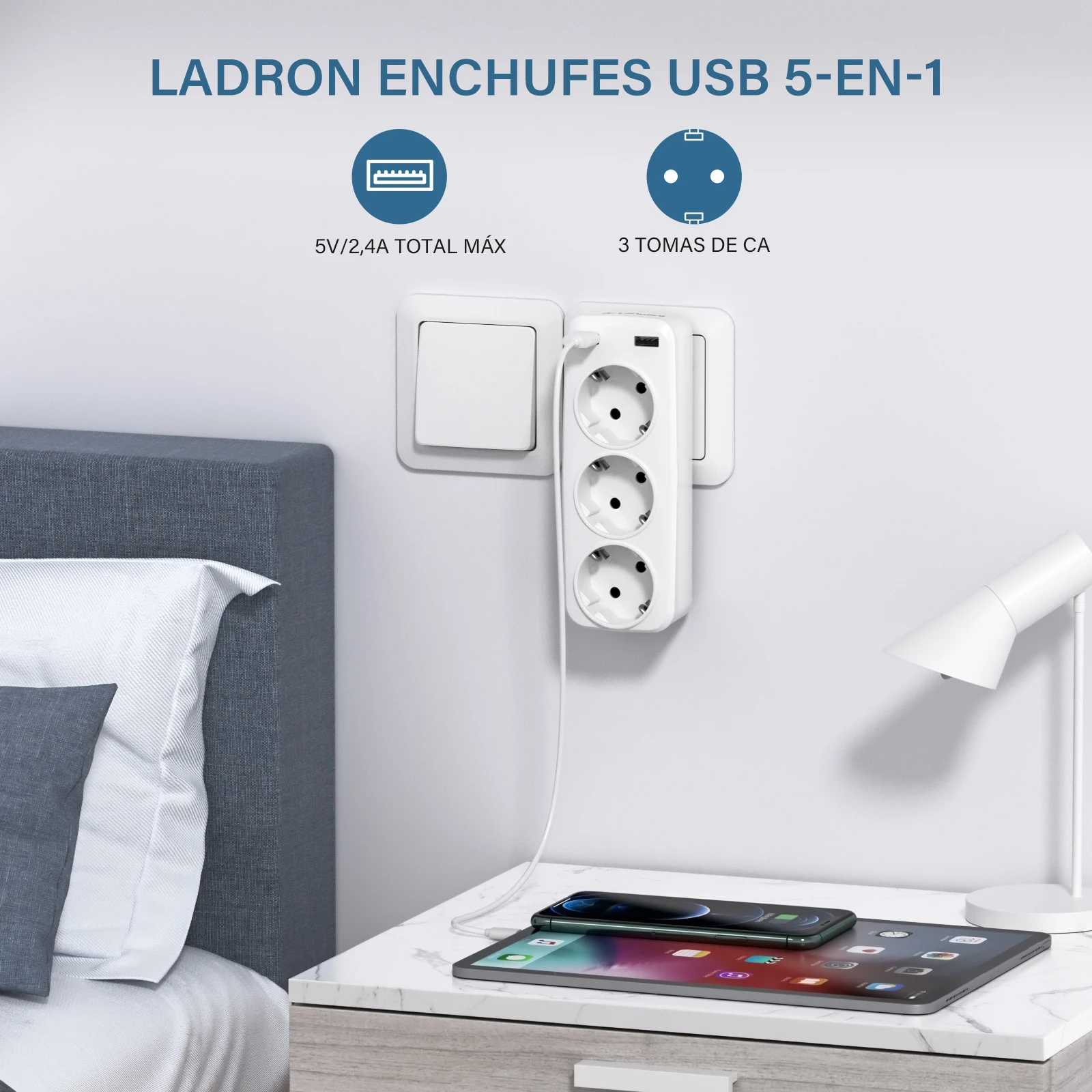 LENCENT EU Plug Wall Socket Extender with 3 AC Outlets + 2USB Ports 5V 2.4A Power Adapter Overload Protection for Home/Office