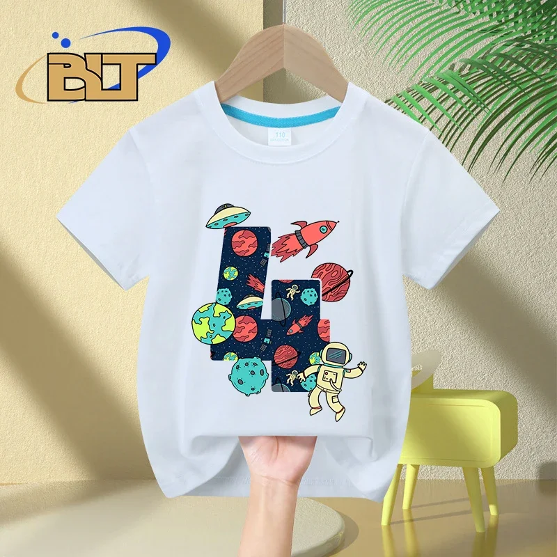 Camiseta infantil de algodão de manga curta, espacial e astronauta, presente de 4 anos, criança de 4 anos