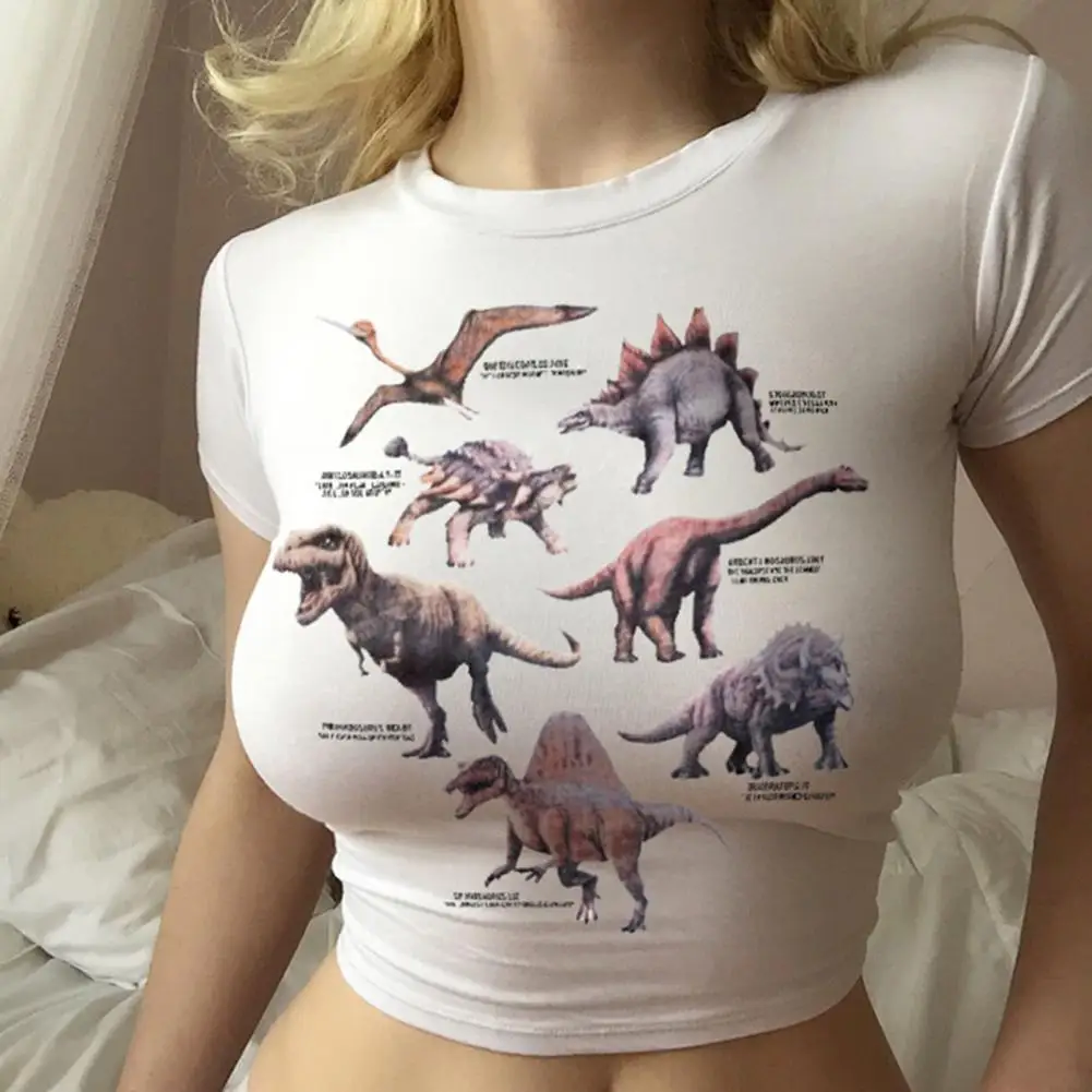 t shirt for women 2022 summer O-Neck Short Sleeve Breathable Women T-shirt Vivid Dinosaur Print Exposed Navel Tee Top Streetwear