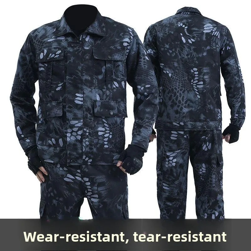 メンズ迷彩作業服セット-ブラックパイソン-耐摩耗性-長袖-吸湿発散性-春秋用-ロジスティクス用作業服