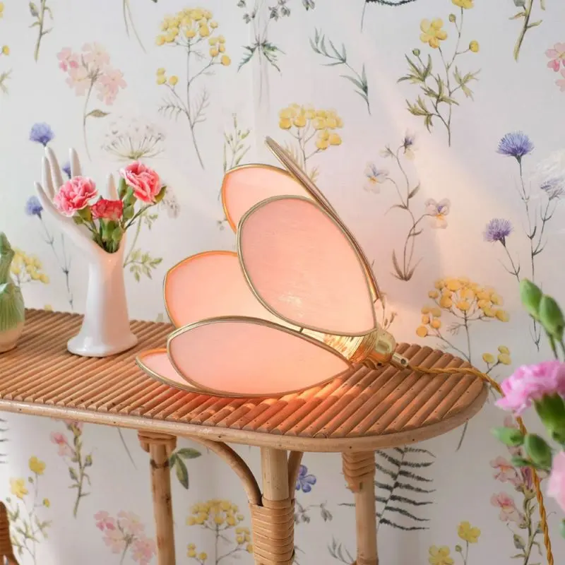 Pink Flower Pendant Light for Bedroom Dining Room Study LED Lamp Home Decor Fixtures French Retro