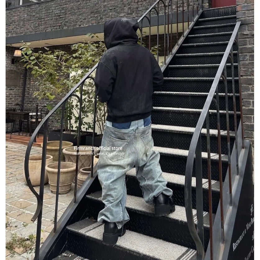 Firmranch New CUT-UP Double-layer Double-waist Splicing Baggy Jeans For Men And Women Blue Cat Whisker Wreck Baggy Denim Pants