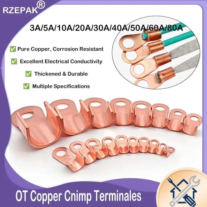 OT Type Wire Terminal 3A-80A - Red Copper Bare Nose Lugs Crimp Open Mouth Cable Connector for Electrical Wiring
