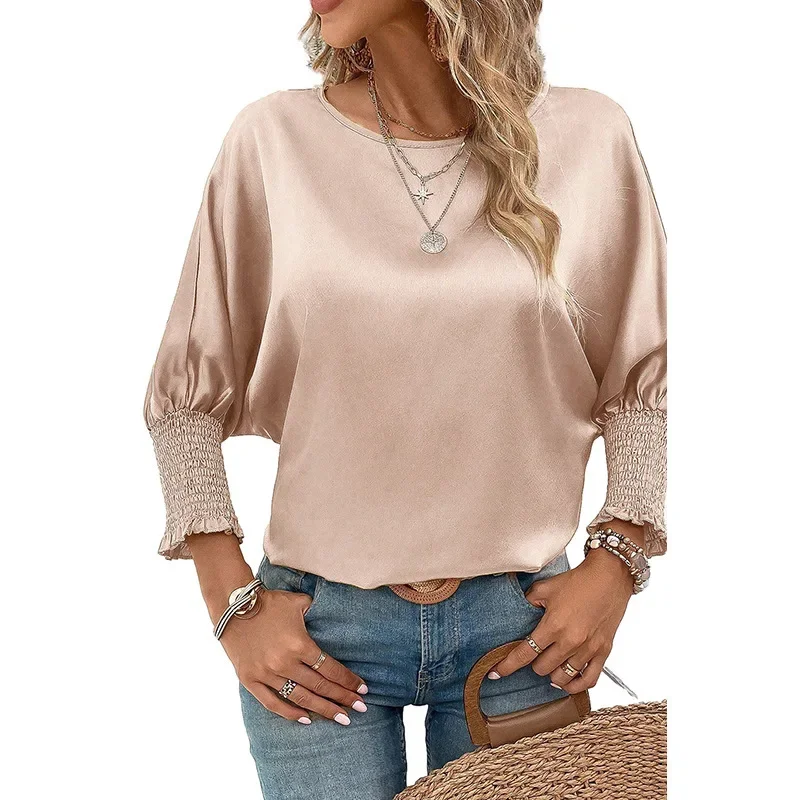 2024 New Women's Ruffles Tops O Neck Long Sleeve Fashion Pullovers Spring Autumn Loose Casual Tees Office Lady Wears NASY0010