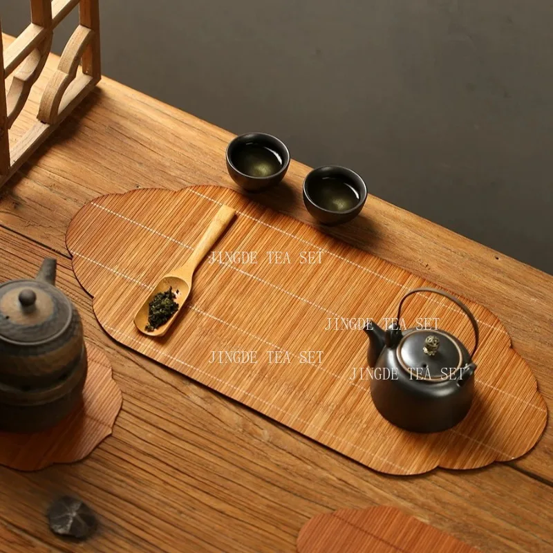 Scalloped Edge Bamboo Tea Mat Double Sided Use Woven Bamboo Tea Pad Foldable Heat Insulation Table Runner Gongfu Tea Ceremony
