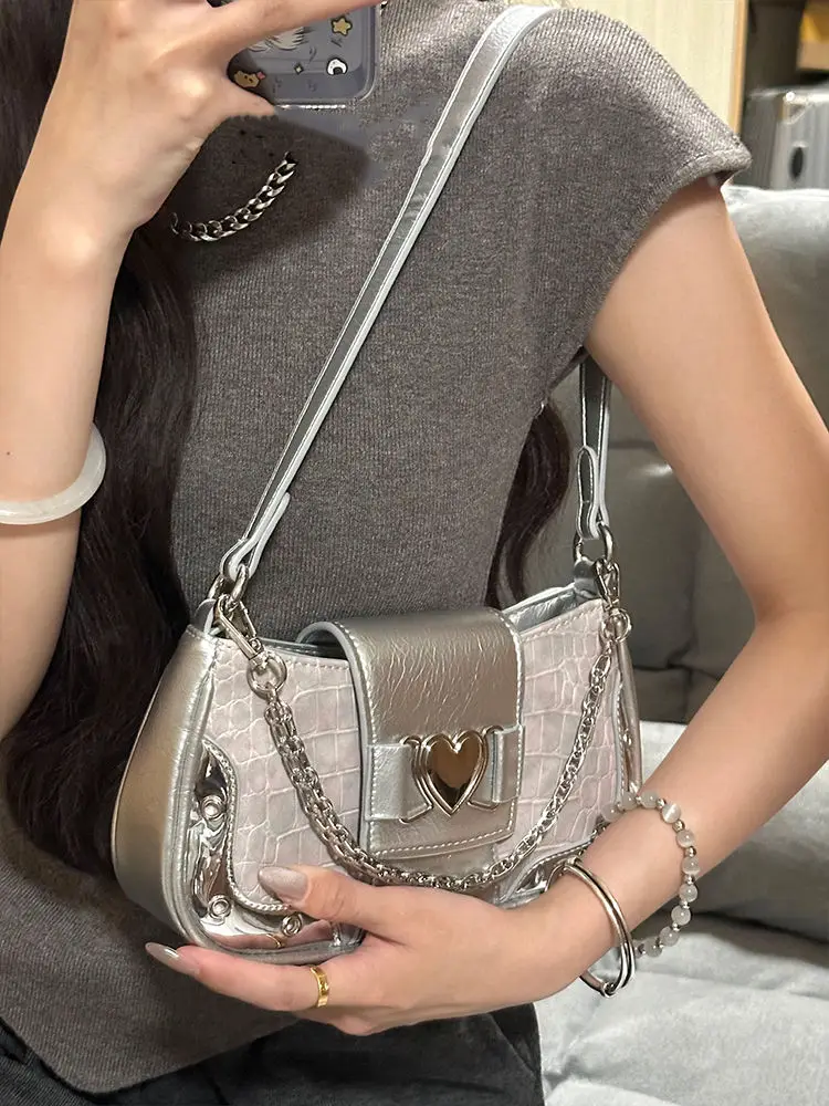 JIAERDI High Street Heart Silver Handbag Women Hot Girls Chain Half Moon Y2k Bags Purse Female Fairycore Shoulder Bags Aesthetic