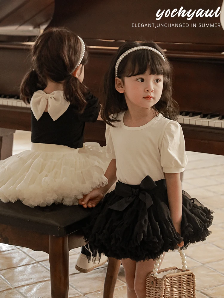 

Girls' T-shirt Cute Bubble Sleeve 2023 Summer Back Hollow Bow Tie Baby Slim Short Sleeve Top